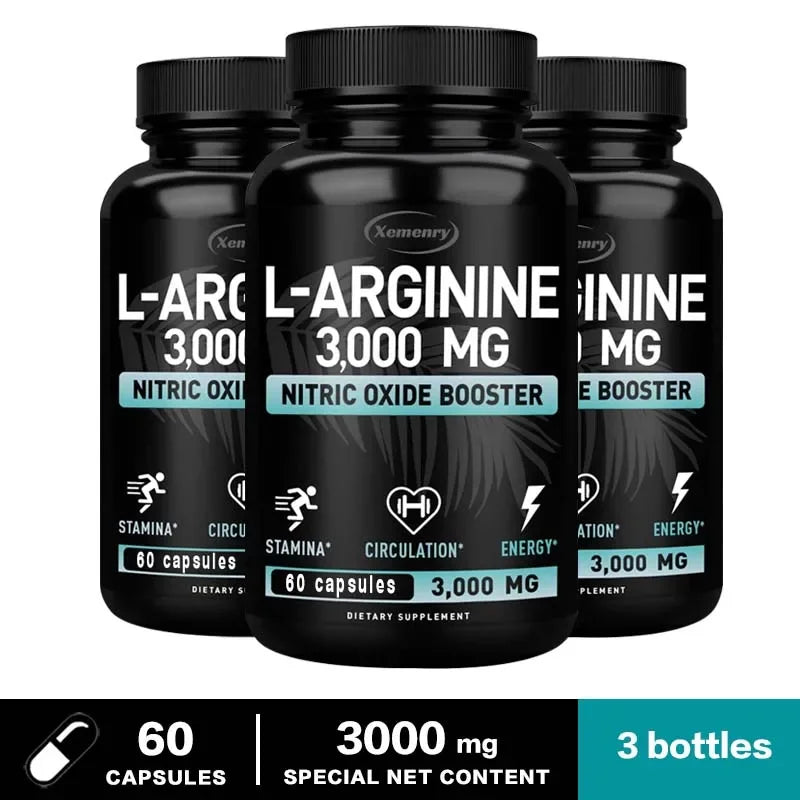 L-Arginine Capsules 3000mg - Nitric Oxide Boosters - for Supporting Muscle Growth, Vascular Function and Energy