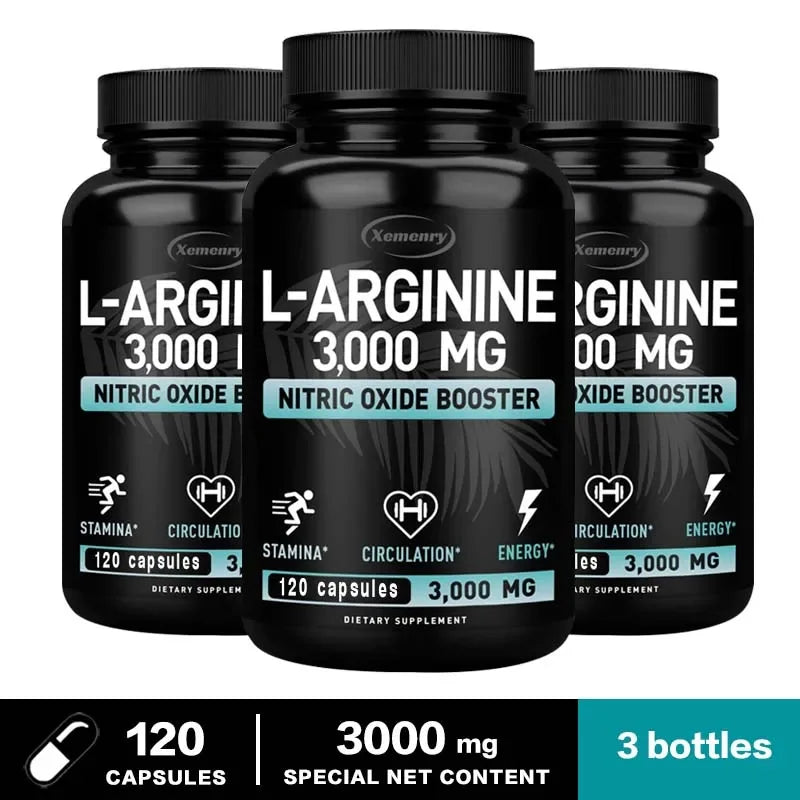 L-Arginine Capsules 3000mg - Nitric Oxide Boosters - for Supporting Muscle Growth, Vascular Function and Energy
