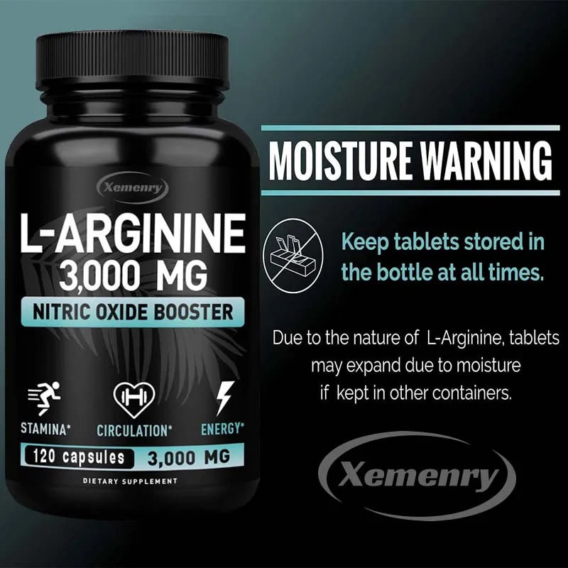 L-Arginine Capsules 3000mg - Nitric Oxide Boosters - for Supporting Muscle Growth, Vascular Function and Energy