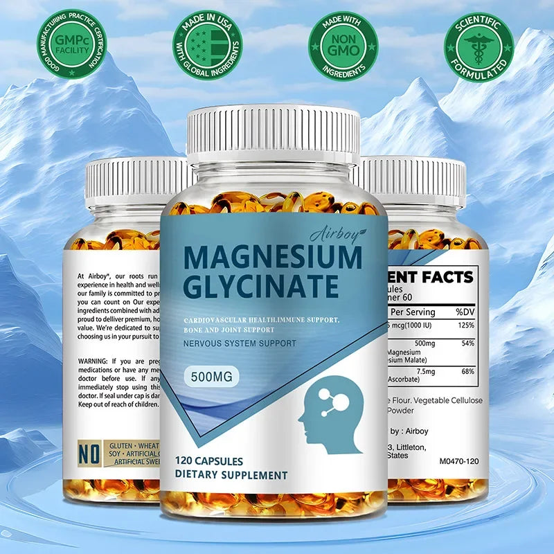 Magnesium Glycinate - Nerves System, Improve Mood Nervous, Muscles Recovery, Heart Health, Sleep Quality Support