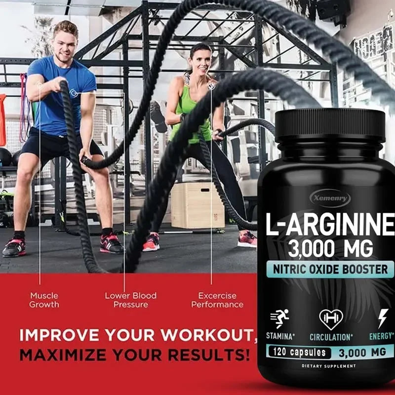 L-Arginine Capsules 3000mg - Nitric Oxide Boosters - for Supporting Muscle Growth, Vascular Function and Energy