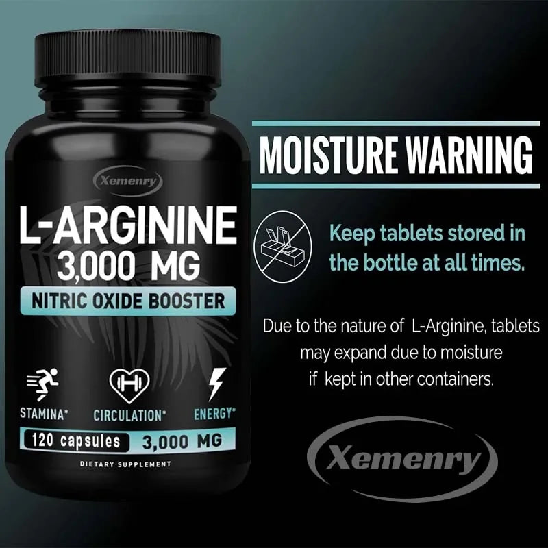 L-Arginine Capsules 3000mg - Nitric Oxide Boosters - for Supporting Muscle Growth, Vascular Function and Energy